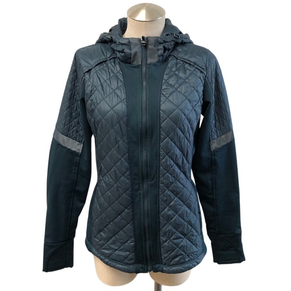 Athleta Quilted Hybrid Jacket Womens Medium Teal Blue Hooded Full Zip 350371